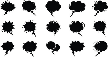 Set of black comic speech bubbles and shout out boxes in various jagged and cloud shapes for manga and pop art design
