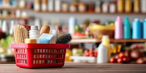 Red basket filled with toiletries on wood counter, store shelves blurred behind