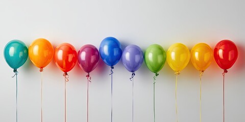 Row of ten vibrant rainbow-colored helium balloons against a plain white backdrop