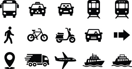 Universal transportation and logistics icon set featuring public transport, delivery truck, airplane, and maritime vessel silhouettes