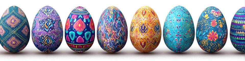 Row of painted Easter eggs with intricate, colorful, folk-art style designs