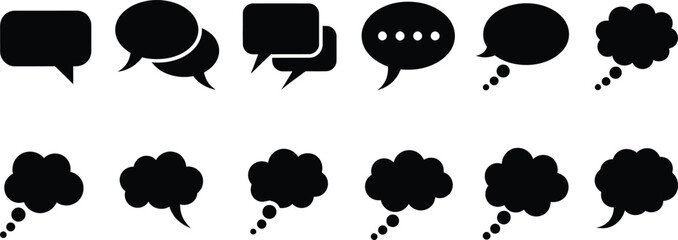 Minimalist black speech bubble and thought cloud icons for social media communication and digital chat interface design