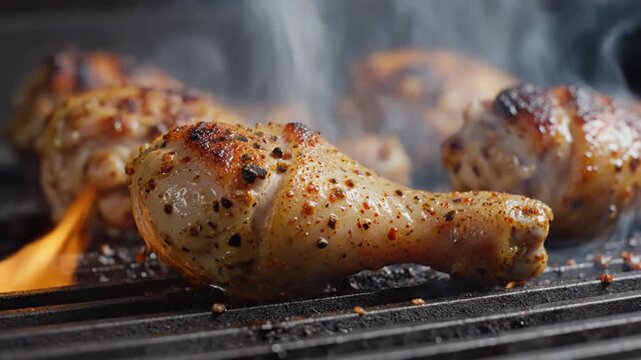 Sizzling chicken drumsticks grilled to perfection on a smoky barbecue grill