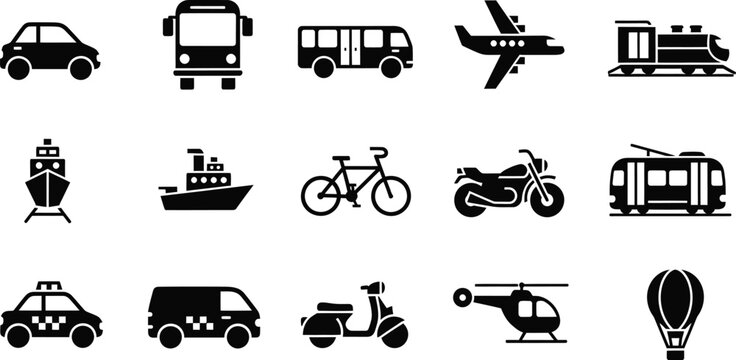 Complete set of public and private transportation icons including car, plane, train, boat, bike, and motorcycle silhouettes