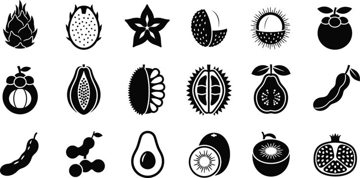 Graphic set of exotic fruit silhouettes featuring pomegranate, avocado, dragon fruit, and kiwi for healthy lifestyle concepts