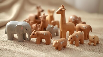 A charming collection of minimalist wooden safari animal toys displayed on a textured fabric surface for children's play and education.