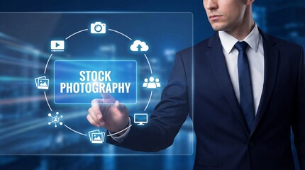 A businessman in a suit interacts with a futuristic stock photography interface in a modern office environment