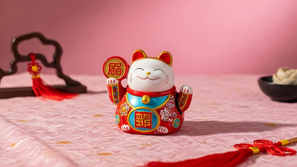A smiling Maneki-Neko figurine on a pink table with red decorations