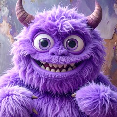 A close-up of a smiling, furry, purple creature with large eyes, horns, and sharp teeth, on a mottled background