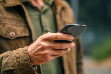 Close-up of a man using a smartphone outdoors, with the focus on his hand holding the phone