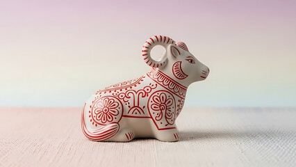 A small, intricately designed ceramic ram figurine with red patterns
