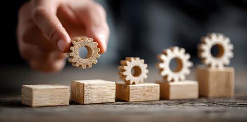 Business process management and automation concept with person moving wooden pieces on flowchart diagram. Workflow implementation to improve productivity and efficiency. Management and organization.