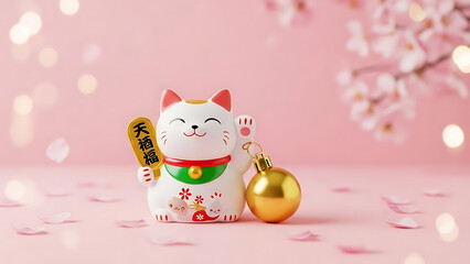 A smiling Maneki-Neko figurine with a Christmas ornament on a pink background