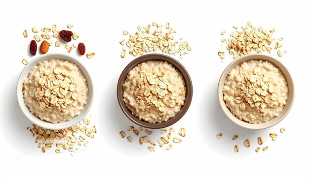 Three oatmeal bowls with toppings on a white surface
