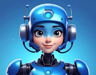 A close-up of a smiling cartoon character with blue robot parts and a smooth face. Background is a soft gradient