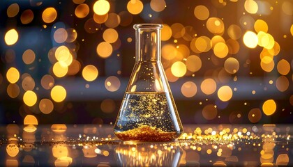 A flask filled with a sparkling liquid and gold flecks, set against a backdrop of glowing golden orbs