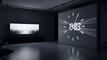 Dynamic digital clock with speed lines projected onto a large screen in a sleek, dimly lit modern interior, emphasizing rapid time and technological advancement