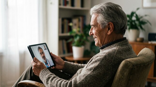 Senior man using tablet for online medical consultation at home