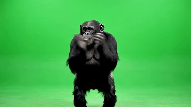 Smiling chimpanzee dancing energetically on green screen background