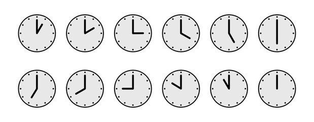 グレー時計のアイコンセット、ピクトグラム、イラスト、シンプル
