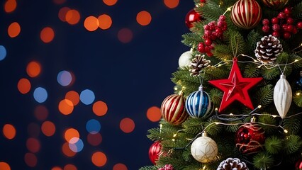 Beautifully decorated Christmas tree with ornaments, pinecones, and fairy lights against a dark blue background with bokeh lights creating a festive and magical holiday atmosphere with copy space.