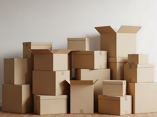 Fototapeta premium A large collection of cardboard boxes stacked haphazardly on a wooden floor against a plain white wall