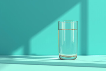 Clear glass of water on turquoise surface with sunlight and shadows