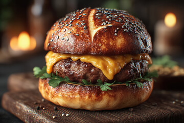 Juicy cheeseburger with sesame seed top bun and cheddar on wooden board