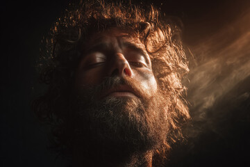 Young man with curly hair and beard in dramatic light