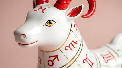 A close-up of a white goat figurine with red and gold zodiac symbols