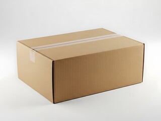 A cardboard box is sealed and placed on a plain white surface viewed from a slightly elevated angle