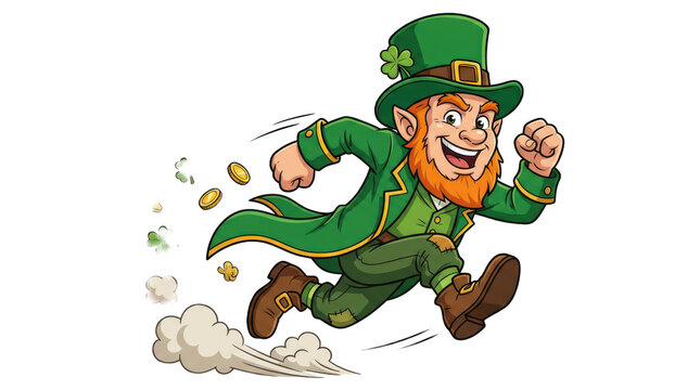 A cheerful leprechaun character with a green outfit and a big smile running energetically with a playful expression