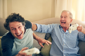 Man, senior father and video game on couch with controller, laugh and digital challenge in lounge....