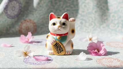 A small figurine of a Japanese lucky cat surrounded by flowers