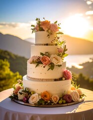 A multi-tiered white cake, adorned with flowers, sits on a table. The scene is outdoors with a blurred sunset and landscape