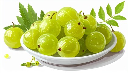 Fresh green gooseberries piled in white bowl with leaves on white background