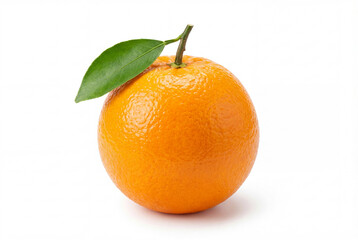 Single fresh orange fruit with green leaf isolated on white background.