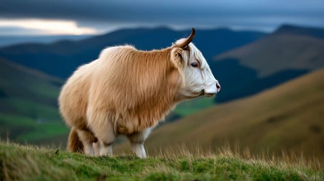 Highland cow stands on grassy hill with mountains in the background during late afternoon
