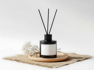 A black reed diffuser with white flowers on a wooden tray against a plain white background viewed from the front