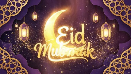 A beautiful and elegant motion graphic featuring the golden celebratory greeting "Eid Mubarak," sparkling brightly against a rich purple background. A radiant golden crescent moon and intricately desi