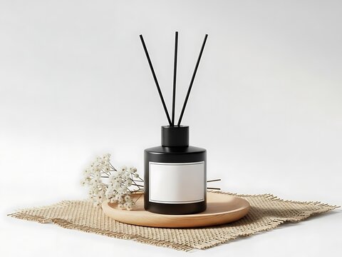 A black reed diffuser with white flowers on a wooden tray against a plain white background viewed from the front