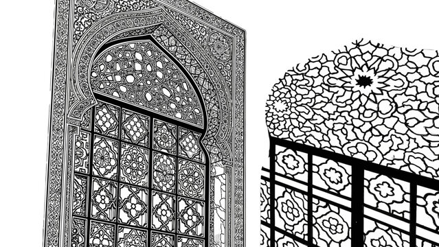 Intricate Islamic geometric architectural patterns and traditional lattice work, conveying cultural elegance in bright studio.
