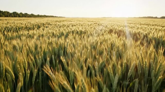 A vast field of golden wheat swaying gently in the breeze on a sunny day