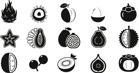 Exotic Sliced Fruit Vector Icon Set - Detailed Black and White Symbols for Food, Nutrition, and Fresh Produce Design