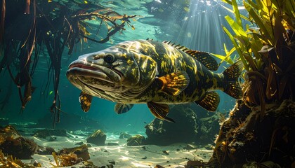 Giant freshwater fish swimming gracefully in vibrant coral reef aquarium display