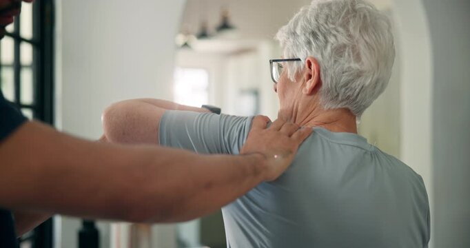 Shoulder pain, chiropractor and man with old woman for consulting, recovery and medical service. Healthcare, clinic and physiotherapy with senior patient for physical therapy, support and wellness - Powered by Adobe