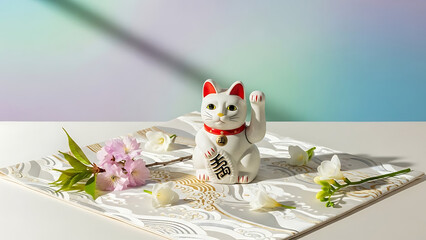 A white Maneki-Neko figurine with red ears and collar sitting on a decorative mat with flowers