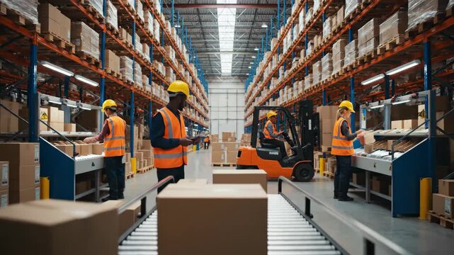 Workers in a warehouse with shelves, conveyor belt, and forklift, sorting cardboard boxes.