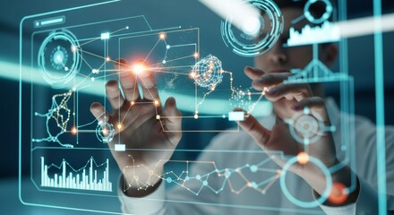 Man interacting with a virtual interface for business analytics. Futuristic data visualization and network concept for deep learning and ai innovation.