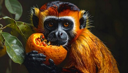 Golden lion tamarin monkey eating fruit in lush tropical forest habitat